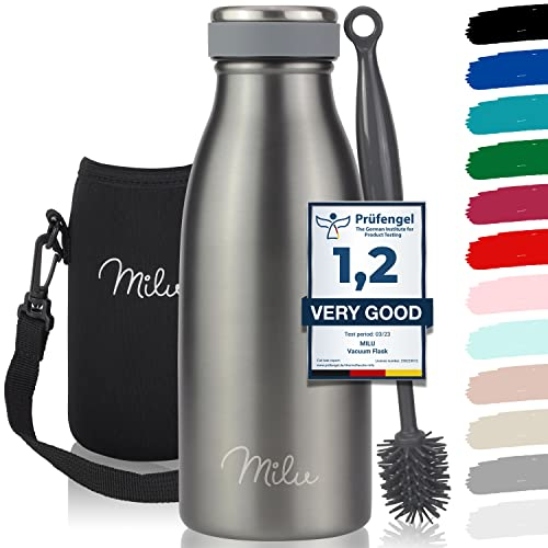 Milu Edelstahl Trinkflasche 350ml, 500ml, 750ml, 1L, 1,5L – Thermosflasche für Kinder Erwachsene auslaufsicher Isolierflasche Kohlensäure geeignet– inkl. Reinigungsbürste (Grau, 350ml)