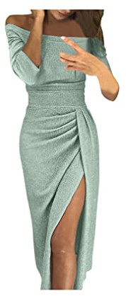 Abendkleid Damen Elegant Off Shoulder Bodycon Kleid Midilang Cocktailkleid 3/4 Ärmel Sexy Kleider mit Schlitz Vintage Abendkleider Glitzer Lang Wickelkleid Ballkleid Festlich Party Hochzeitsgäste