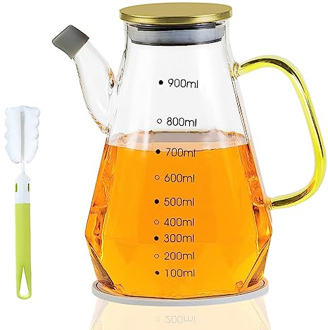 NISVDID Glas-Ölflaschenspender, großer Olivenöl- und Essigspender, Menage mit Messung und tropffreiem Ausgießer für Küche, Kochen, Salat, Grill, 900 ml