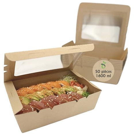ECOPICNIC Lot de 50 Lunchbox en Kraft 1600 ML avec Couvercle Transparent | Boîtes Alimentaires en Carton Kraft jetables pour Repas à emporter, barquettes écologiques Pratiques