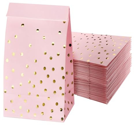 Presentpåsar, rosa papperspåsar med guldfolie punkt 24 stycken partypåsar 21 x 12 x 7 cm godisbar påsar presentpåsar partyväskor