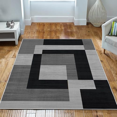 Imperial Rooms Area Rugs for Bedroom - Large Rugs Living Room 120 x 170 Cm Modern Floor Carpet - Geometric Style Non Shedding Super Soft Milo Black and Grey Rug Easy Care