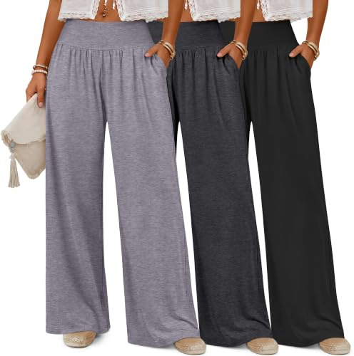 Neer 3 Pack Women's Wide Leg Yoga Pants with Pockets | Ladies' Lightweight Baggy Sweatpants, Loose Fit Casual Lounge Pants, Elastic Waist Open Bottom, Cozy Yoga Workout Clothes