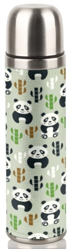Pandas Bambus-isolierte Wasserflasche, 500 ml, Edelstahl, Metall, isoliert, auslaufsicher, Vakuum-Sport-Trinkflasche für Fitnessstudio, Camping, Wandern, Reisen, BPA-frei