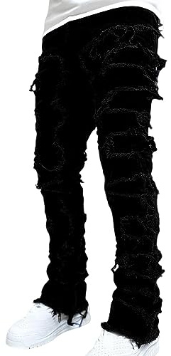 Kasmole slitna jeans för män, biker-hip-hop-fling-jeans, snygga denimjeans med mjukt, slitet rakt ben för dansande karnevalsevenemang