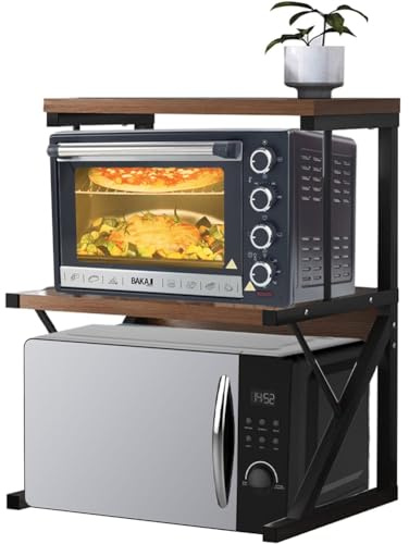 Shally Dogan Scaffalatura Salvaspazio Porta Microonde in Acciaio, Scaffale da Cucina con Ripiano Portaspezie, Unità di Mensole 2 Scomparti Piedini Antiscivolo, Mensola Design Moderno (Noce + Nero)