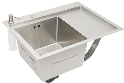 WOLEGM Lavello da cucina in acciaio inox, 63 x 50 cm, lavello da incasso, 1 lavandino da cucina, lavabo con dispenser di sapone, piccolo lavello da incasso