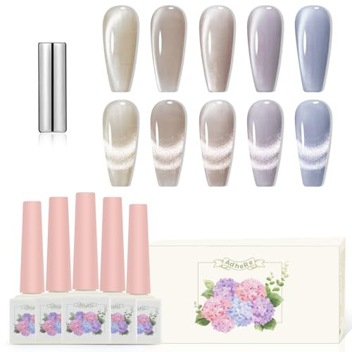 ADHERE 12ml*5 Cat Eye UV Nagellack Set Mit Magnet - Nackt Beige Lila Blau Glitzernd Katze Auge Lack Schimmernd Für Nägel Gellack Gel