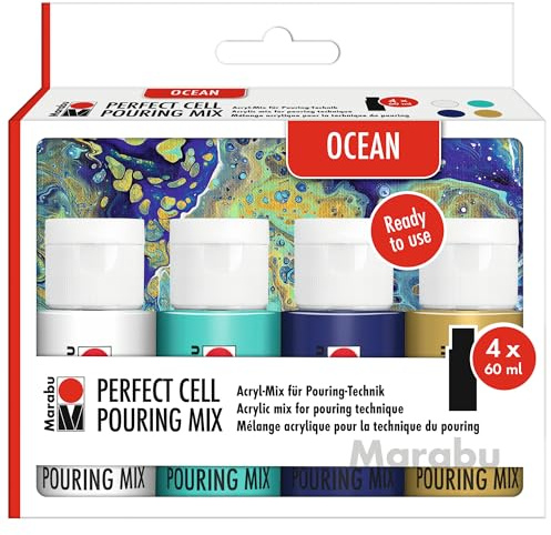 Marabu Perfect Cell Pouring Mix OCEAN, 4 x 60 ml Farbe, gebrauchsfertiger Acryl-Mix für Pouring-Technik, wasserfest, lichtbeständig, trocknet seidenmatt auf, 1210000000301