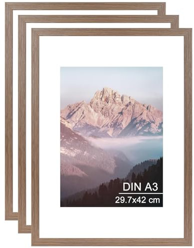OMISHE 3er Pack Massivholz Bilderrahmen A3 29,7x42 cm, Brauner Bilderrahmen DIN A3 mit A4 Passepartout und Plastikhülle, Holz A3 Rahmen für Wand, Rustikales Braun, 3er Pack