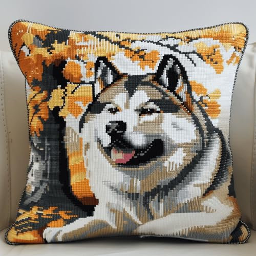 DIY knüpfen set erwachsene Akita Hund Tier knüpfkissen Große Baumlandschaft Kits zur Herstellung von Kissenbezügen/Kissenbezügen，Statement-Teppich，Knüpfhaken-Kits für ein Starterprojekt， 43x43cm