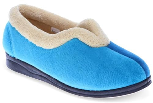 Pavers - Womens Wide Fit Cosy Antibacterial Full Slippers in Blue Teal - Memory Foam Insole - Styled with a V-Cut at the Vamp - Finished with a Permalose Treatment - Size 7 UK Wide