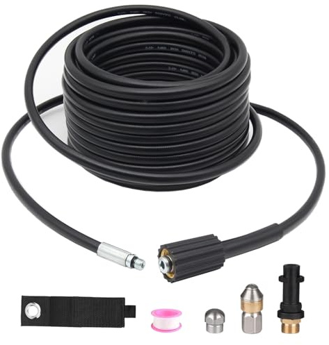 MATXREE 15M Rohrreinigungsschlauch für Kärcher K2 K3 K4 K5 K6 K7, 180Bar 60°C Rohrreinigungsset Abflussreiniger Schlauch mit Düsen Starr + Rotierend, Adapter für Kärcher Hochdruckreiniger