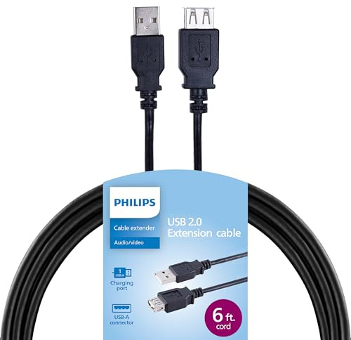 Philips USB Extensions Cable, 6 Ft Long Extension Cord, Type A Male to Female, Data Transfer 480Mbps, Desktop Computers, Laptops, Printers, Multiport Hubs, All USB-A Cables, Black, SWV3873B/37