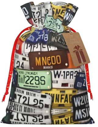 HJLUUFT Jutebeutel mit Nummernschild-Druck, Weihnachtsgeschenktasche mit Kordelzug und Geschenkanhänger, Hochzeit, Weihnachten, Partygeschenk
