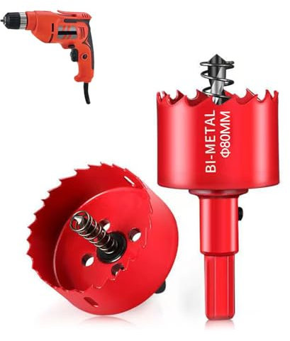 Seghe a Tazza Bimetallica, Sega tazza Ø80mm, Kit Seghe a Tazza, M42 Sega A Tazza Trapano Punta Elicoidale Foro per Iron Alluminio, Legno, Cartongesso, Tubi, Plastica, Pannelli di Fibra,Rosso