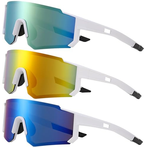 Utensilsto Lot de 3 paires de lunettes de cyclisme UV 400 pour homme et femme - Pour vélo de route, ski, course à pied, activités de plein air (blanc)