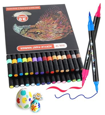 AEDAGA‌ 30 Farben Acrylstifte Set mit Doppelspitze, Acrylstifte für Steine Wasserfest (Pinsel & Feine Spitze), Acrylic Marker für Erwachsene, Acryl Marker Für Holz, Leinwand, Stein, Glas