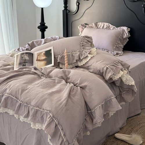 GETIYA Lila Hellviolett Bettwäsche 135x200 Baumwolle Bettbezug mit Rüschen Damen Mädchen Bettwäsche Unifarben Einzelbett Deckenbezug mit Reißverschluss und 1 Kissenbezug 80x80