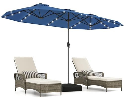 COSTWAY Doppelsonnenschirm 400x200 cm mit Ständer und LED-Beleuchtung | Sonnenschirm Groß XXL, UPF 50+, Gartenschirm mit Kurbel, Terrassenschirm, Marktschirm für Garten, Terrasse, Marineblau