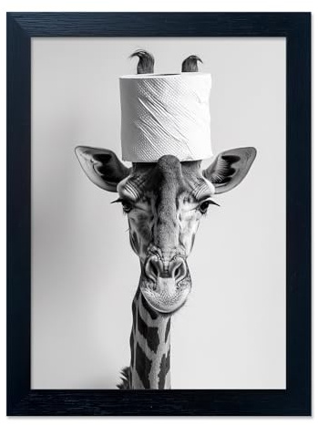 Lustige Badezimmer-Wanddekoration, Giraffe mit Toilettenpapierrolle auf Kopf, Kunst-Dekor, schwarz-weiße Badezimmerbilder, Wanddekoration, gerahmter Humor, Tier, Leinwanddruck, Kunstwerk