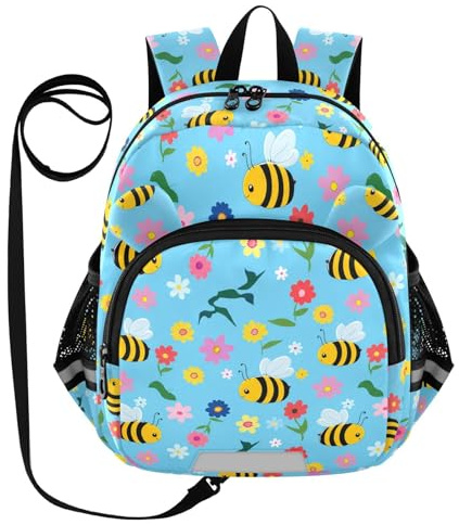 Cartoon Bee Flower Lightblue Toddler Harness Backpack for Boys Girls 3-6 Years Kids Backpack with Anti Lost Safety Leash Baby Harness Bookbag for Travel Preschool Walking