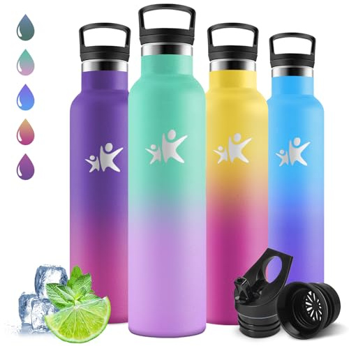 Motswedi Gourde Isotherme 1l, Poignée de Transport, Bouteille Isotherme, Anti-Fuite, avec Paille, Réutilisable, Gourde Pour Sport, Camping, Randonnée, Vert Lac & Violet Clair