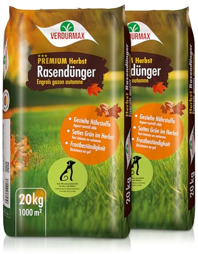 Verdurmax 2 x 20 kg engrais pour gazon d'automne de qualité supérieure - 100% végétalien - Engrais NK 7+18 (+14+2+25) - Résistant à l'hiver et au gel - Granulés sans poussière