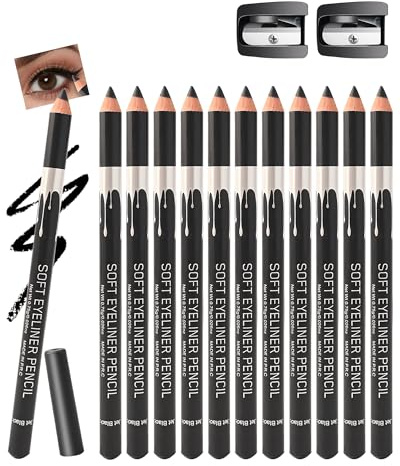 12 Pcs Crayon Yeux Noir Kit, Soyeux et Doux Eyeliner Pencils avec 2 Taille-crayon, Waterproof et Longue Tenue, Hypoallergénique, Intense Colour Mat Multi-use Eye Liner, Cadeau Maquillage Femmes-C