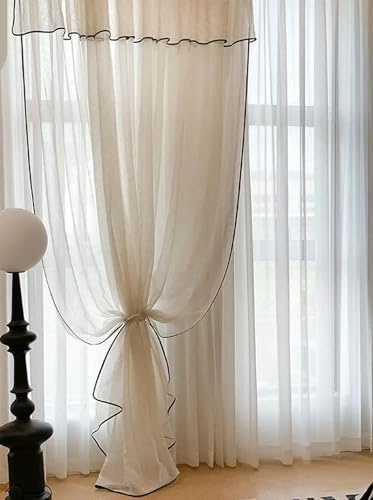 Lussuose tende vintage color crema in tulle con bordo nero, tende oscuranti per soggiorno, camera da letto, sala da pranzo e balcone, eleganti tendaggi per finestre in garza