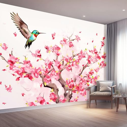 Carta Da Parati Fotografica Acquerello Dipinto A Mano Fiori Uccelli Murale Fotografico Per Camera Da Letto Cameretta, 200 x 140 cm Decorazione Murale Carta Da Parati Artistica, Rosa