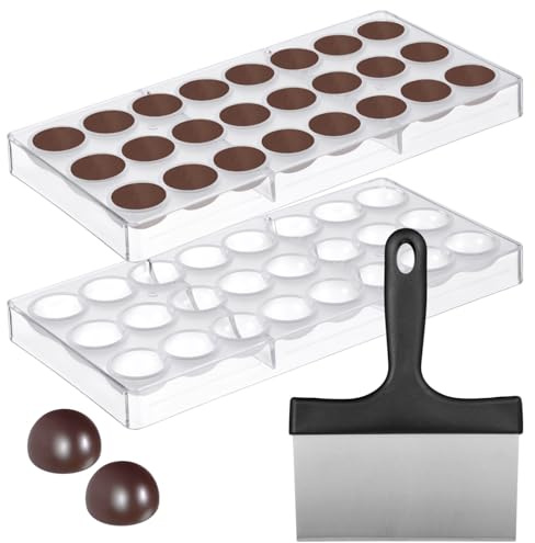 2 Pcs Chocolate Molds, Includes Stainless Steel Scraper, Half Ball Chocolate Making Molds, Transparent Plastic Candy Molds with 24 Round Cavities, Ideal for DIY Baking Projects