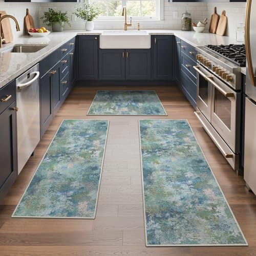 GENIMO Kitchen Rugs Sest of 3, Washable Non Slip Mats, Blue