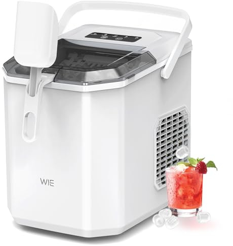WIE Ice Maker Countertop, Self-Cleaning Ice Maker Machine,12KG in 24H, 9 Cubes in 6 Mins, Portable Ice Machine with Handle, Ice Cube Maker with Ice Scoop&Basket for Home/Kitchen/Office/RV, White