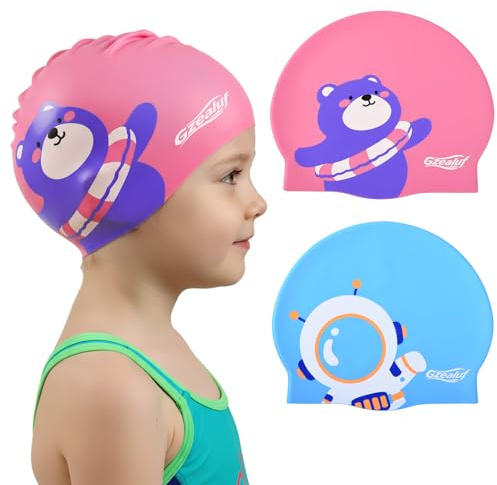 2pcs Kids Swim Cap Waterproof Silicone Swimming Hat for Boys Girls Age 3-12, Keep Hair Dry