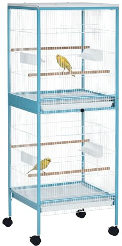 PawHut Grande Cage à Oiseaux sur Pied - Volière Double avec Mangeoires Perchoirs Plateau Amovible - roulettes - 51,5 x 50 x 140 cm Bleu Clair