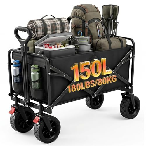 Palawano Bollerwagen Faltbar 150L – Transportwagen mit Rollen, Schwerlast Campingwagen für Festival, Strand, Garten & Einkauf