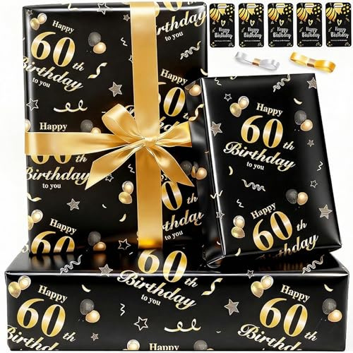 Geschenkpapier 60. Geburtstag Set für Männer Frauen Mama Papa Schwarz Gold Geburtstagsgeschenk Papier Happy Birthday papier Geburtstagspapier Luxus Geschenkverpackung 60 Jahre Mann Frau