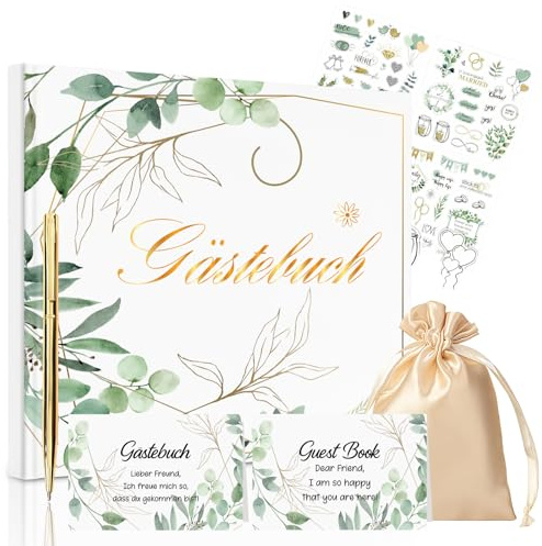 PASHOP Gästebuch Hochzeit Set mit Stiften Aufklebern und Tasche - Eukalyptus Design, 21x21cm Hardcover, Gästebuch Hochzeit mit Fragen, Sticker Hochzeit Fotoalbum