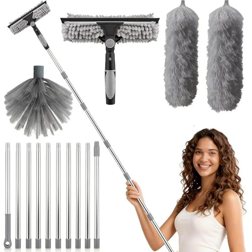 Plumeau Telescopique 6m, Tete De Loup Telescopique avec Extension RéGlable 1.5-6m, Balai AraignéE Tete De Loup Telescopique, Raclette De FenêTre, TêTe De Plumeau en Chenille pour Plafonds (Gris)