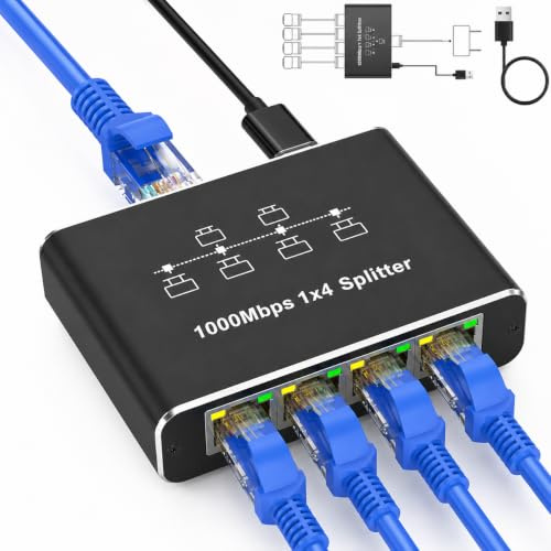 Multipresa RJ45, splitter LAN da 1 a 4 switch Ethernet 1000 Mbps | Gigabit Network - Cavo splitter con cavo USB C, Hub RJ45 a fibra ad alta velocità per router Televisione Concentratori