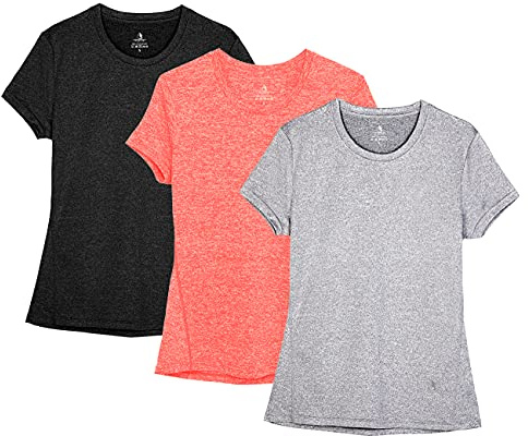 icyZone® Dam sport t-shirt löpning fitness skjortor sportkläder kortärmade toppar kortärmad topp, Svart/granit/orange, L