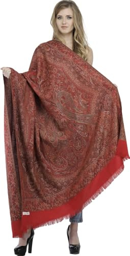 Exotic India Chal Jamawar reversible con cachemira tejida, lana, Granate, Talla única