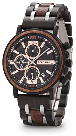 BOBO BIRD S18-1 Mens Wood Watch with Chronograph and Luminous Pointers Wooden Stainless Steel Combined Quartz Analog Timepiece for Men