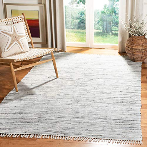 SAFAVIEH Rag Rug Collection Area Rug - 3' Square, Grey, Handmade Boho Stripe Cotton, Ideal for High Traffic Areas in Living Room, Bedroom (RAR121A)