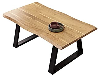 SAM Couchtisch 120 x 70 cm Tonga, echte Baumkante, Akazienholz naturfarben, massiver Sofatisch, Metallbeine Schwarz trapezform, Baumkantentisch