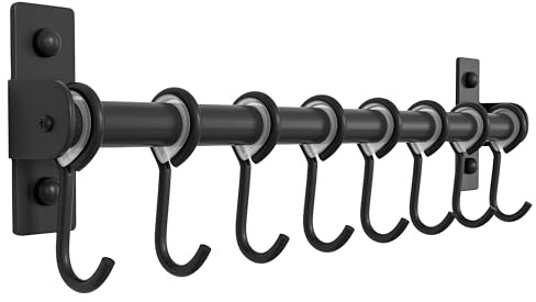 Dseap Kitchen Utensil Holder Hanger, Pot and Pan Rack Wall Mount, Kitchen Rail with 8 Hooks for Hanging Cooking Utensils, Mugs, Spoons, Wall Mounted, Stainless Steel, Black