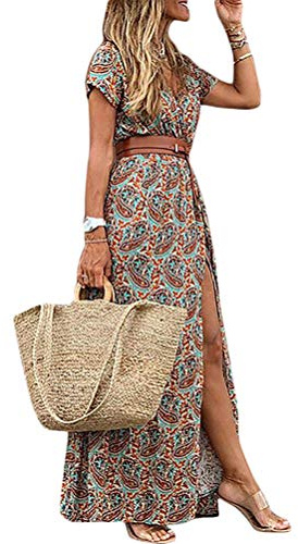 Onsoyours Abito Lungo Maxi Vestiti Donna Estivi Scollo a V Maniche Corte Vestito Spiaggia Floreale Stampa Eleganti Casual Abiti A Marrone M