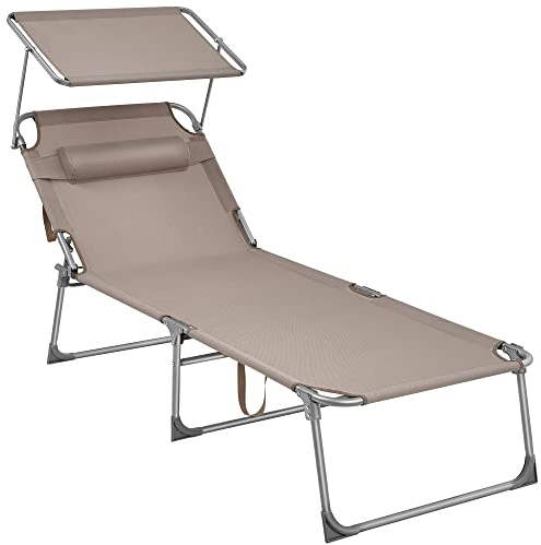 SONGMICS GCB022K01 Large Folding Sun Lounger, Sun Lounger, 200 x 71 x 38 cm, Load Capacity 150 kg, with Sun Shade and Reclining Backrest for Garden, Pool, Terrace, Taupe
