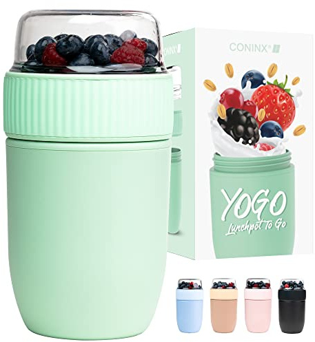 Coninx Müsli Becher To Go Mit 2 Fächern Auslaufsicher Für Frühstück | Genieße Frisches Joghurt Mit Knusprigem Müsli Oder Snacks Unterwegs Ohne Vermischen